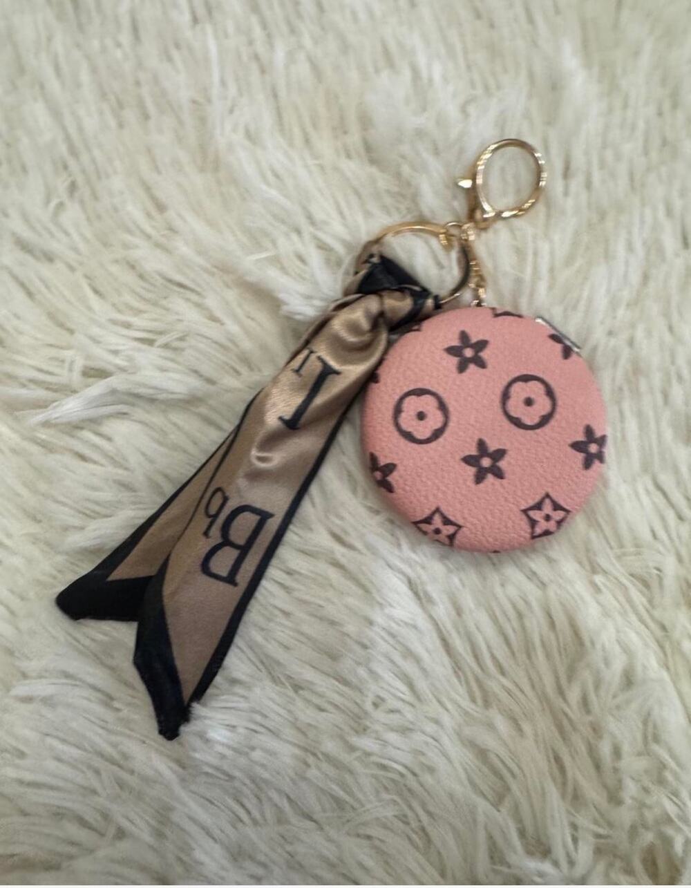 Fashion floral Pink doble side mirror keychain black monogram pattern and scarf